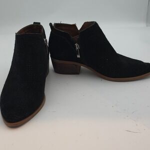 Franco Sarto Women's 7 Black Suede Perforated Ankle Booties‎ Stacked Heel Zipper